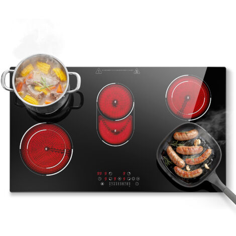 Plaque Vitrocéramique 5 Feux 8400W,avec Zone Ovale Pour Plats à rôtir,90cm, Commande Tactile, Minuteur, pour Toutes Casseroles
