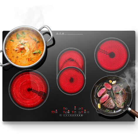 Plaque Vitrocéramique 5 feux, Plaque de cuisson Electrique Encastrable 77cm, 8500W, 9 Niveaux, Incluant Des Zone Triples et Ovales pour Grillade