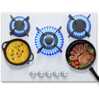 Plaque de Cuisson gaz 5 Feux,70cm avec Sécurité Thermocouple,Convient Pour le Gaz Naturel/Propane,Verre Blanc,10400 W