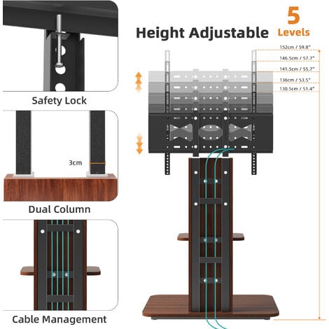 UNHO Soporte TV Suelo Universal de Madera de Pie de Altura Ajustable de 32-65 Pulgadas MAX VESA 600x400mm