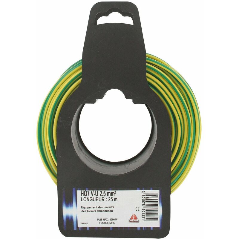 Fil électrique H07 V-u 2,5 Mm² 25 Vert / Jaune