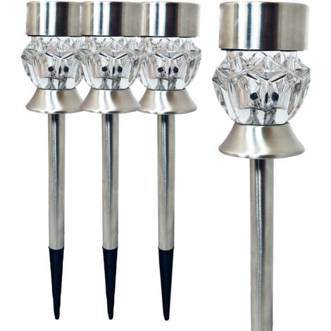 Lot de 4 bornes solaires chromé LED multicouleurs, à piquer, diffuseur en verre, haut. 360mm -Tibelec (1/3)