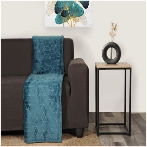 Plaid en Flanelle à Motif Reliefé Géométrique, Bleu Canard, 130x170cm, Polyester - Atout Ciel (1/5)