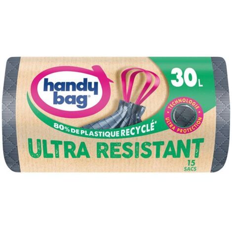 Sac poubelle ultra résistant 30L – Poignées coulissantes – Lot de 15 sacs recyclés – Pour déchets lourds et encombrants – Handy Bag