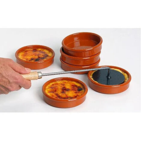 Service crème brûlée 6 coupelles en céramique émaillée beige 12 cm – Fer à caraméliser en fonte avec manche bois – Fiche recette incluse