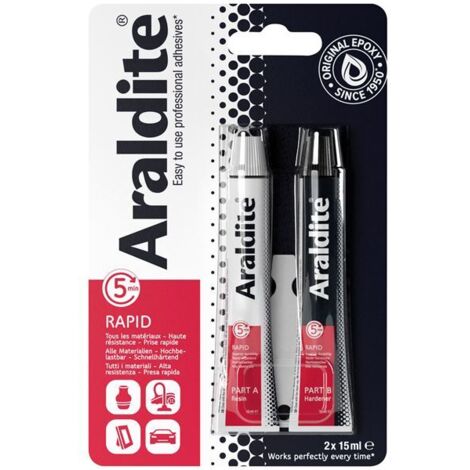 Colle epoxy rapide 2x15 mL – Adhérence forte sur verre, métal, bois, plastique – Prise en 5 minutes, sèche en 1 heure – Araldite - 2x15ML