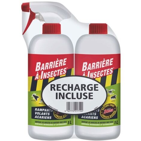Insecticide biologique barrière à insectes 1l + 1l – Action choc contre mouches, moustiques, araignées – Pulvérisateur et recharge inclus - PAE 1 L