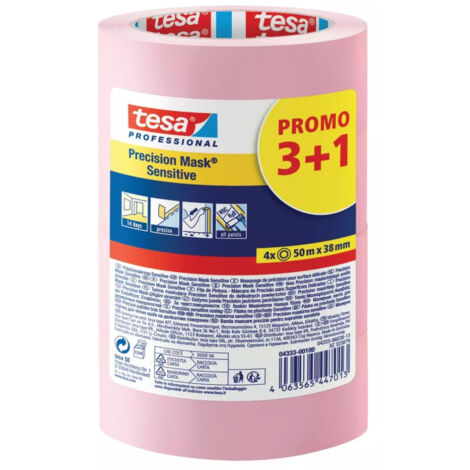 Tesa – Lot de 4 rouleaux adhésifs de masquage 50mx38mm – Précision pour surfaces délicates – Bords nets pour peinture et laque