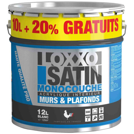 Peinture acrylique satinée monocouche 12 L – Blanc éclatant – Fini soigné pour murs et plafonds – Lavable et lessivable – Loxxo (1/3)