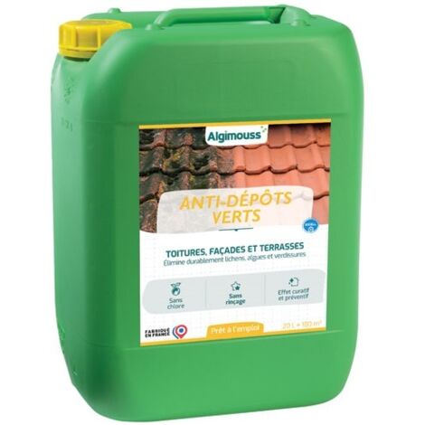 Traitement antimousse 20L pour toiture, murs et façades – Élimine lichens et algues – Sans chlore, sans rinçage – Algimouss