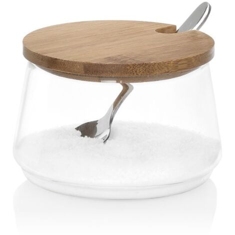 Sucrier Ø8,5x5,5cm en verre et bambou (cuillère en acier inoxydable incluse) (1/3)