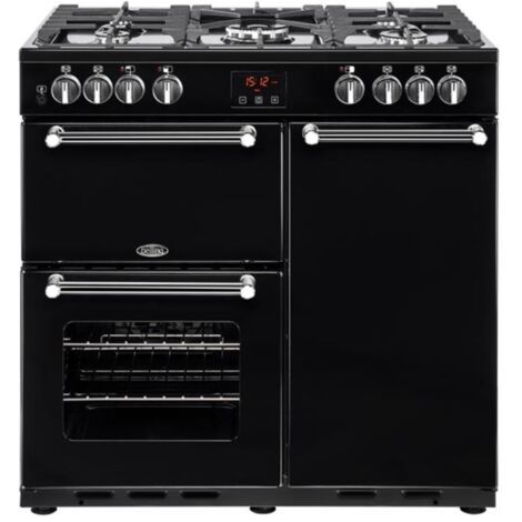 Cuisinière mixte 5 foyers gaz – 3 brûleurs 2000W, 1 brûleur 3000W, 1 brûleur 4000W – 2 fours 35L et 62L – Écran LED intégré – Belling - PKENS90DFBLK
