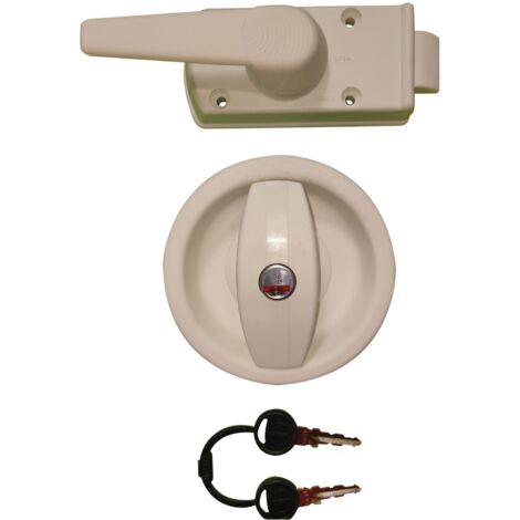 Serrure ronde en plastique blanche pour porte de caravane – Épaisseur 29 mm – Barillet et clés inclus – Design élégant – Zadi