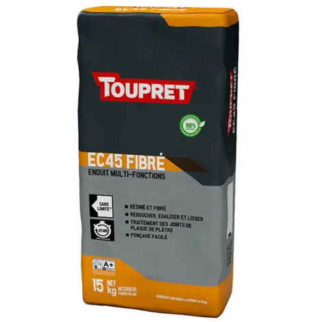 Toupret – Enduit de rebouchage fibré intérieur 15kg – Résistance élevée pour chantiers humides – Temps d'utilisation 45 minutes