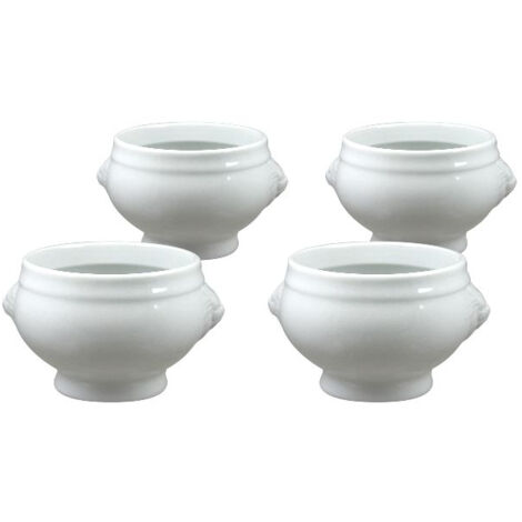 Ac-Deco – Lot de 4 bols à soupe 55 cl en porcelaine blanche – Poignées en forme de tête de lion – Compatible four et micro-ondes