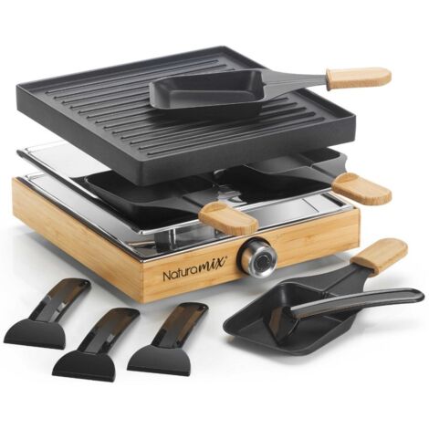 Appareil à raclette 4 personnes RACWOOD4 – Puissance 750W – Base en bambou – Plaque antiadhésive en fonte d'aluminium – Naturamix