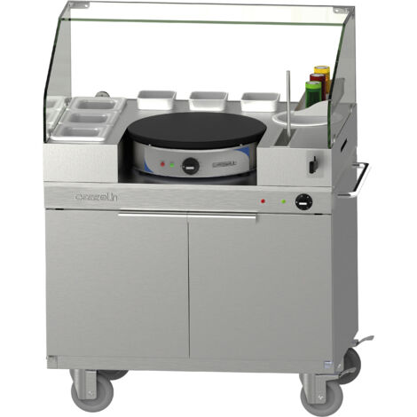Chariot à crêpière 40 amovible – Acier inoxydable – Vitre de protection en verre trempé – Crêpière électrique Ø400 mm – Placard chauffant L 800 x P 510 x H 240 mm – Casselin