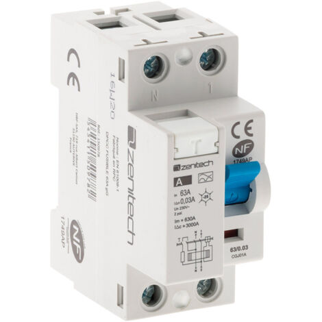 Zenitech – Interrupteur différentiel 63A 30mA type A NF – Protection contre les fuites de courant – Fixation à vis pour tableau électrique