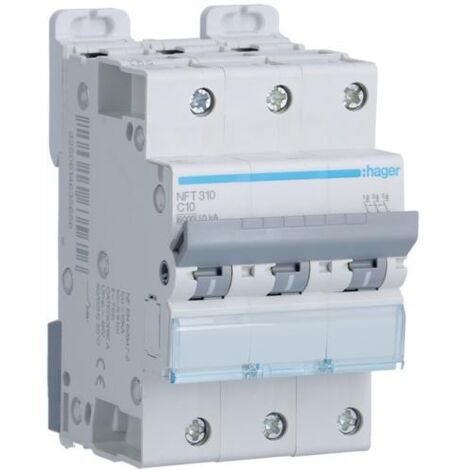 Disjoncteur 3 Pôles 6-10kA courbe C 10A 3 modules HAGER NFT310 (1/4)