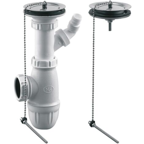 Valentin – Vidage complet lavabo – Plastique blanc – Diamètre 60 mm – Hauteur réglable ± 42 mm – Sortie 1'1/2 pour éviers en grès