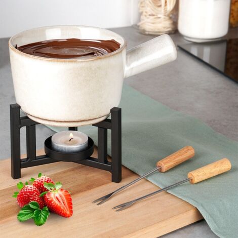 Home 8651100 Service à Fondue Chocolat Stoneware 4 Pièces - Beige/Blanc Élégant