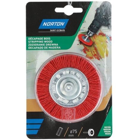 Brosse circulaire nylon rouge pour perceuse NORTON 75 mm fil 1,20 mm queue hex 6 mm jusqu’à 4500 tours/min