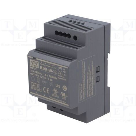 Transformateur LED rail DIN 60W 12V 4,5A – Protection courts-circuits et surtensions – Montage sur rail TS35 – PC ignifuge (1/5)