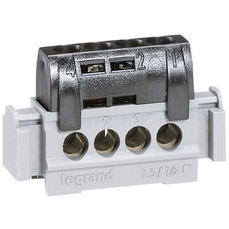 Legrand – Bornier de phase 4 bornes pour câble 1,5 à 16 mm² – Capot de sécurité isolant – Fixation sur rail ou support universel – Noir