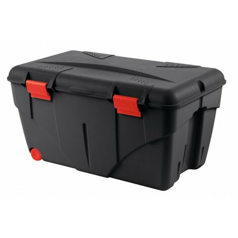 EDA – Malle de rangement 85 L – 75 × 45,3 × 39 cm – Noir/rouge – Couvercle à charnière et roulettes pour transport facile