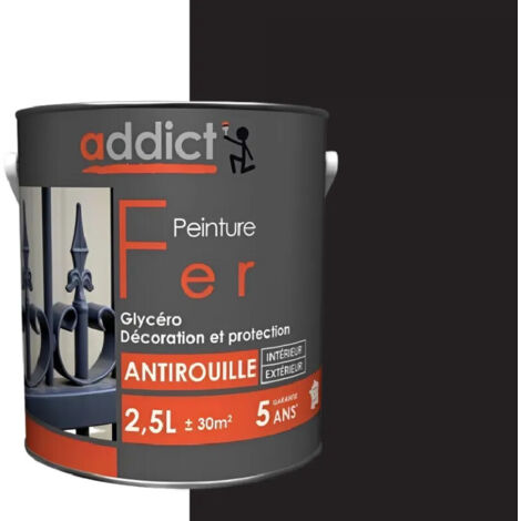 Peinture fer glycéro antirouille 2,5 litres – Noir profond – Brillant – Pour métaux ferreux – Excellente tenue extérieure – Addict