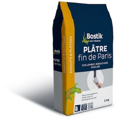 Bostik – Enduit de rebouchage plâtre fin 5kg – Prise rapide 10 min – Grain très fin pour finition lisse – Compatible tous supports bruts (1/5)