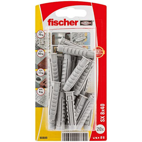 Fischer – Bouchons pour béton et brique – Cheville SX Plus Ø8x40mm – Blister de 20 pièces – Fixation durable avec collerette intégrée