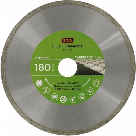 Disque diamant 180mm pour carrelage – Alésage 25,4mm – Jante continue 5mm – Coupe à sec et à eau – Pour carrelage universel – Scid (1/3)