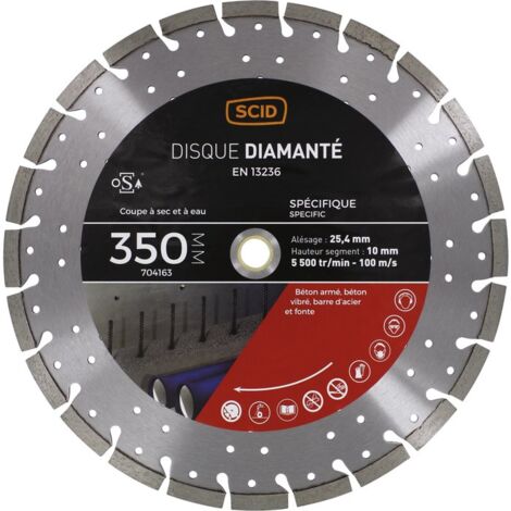 Disque diamant pour meuleuse 350 mm – Alésage 25,4 mm – Type de coupe à sec et à eau – Pour béton armé et métal – Scid