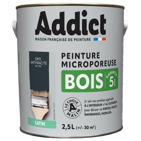 Peinture microporeuse 2.5 L gris anthracite – Aspect satiné – Pour tous types de bois – Imperméabilité aux eaux de ruissellement – Addict