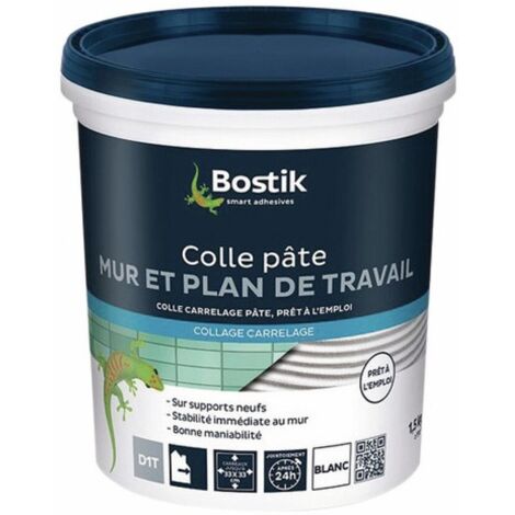 Bostik – Colle carrelage mur et plan de travail 1,5kg – Pour carreaux jusqu'à 33x33 cm – Supports : plâtre, béton, bois – Application rapide