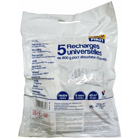 Lot de 5 recharges 800g pour déshumidificateur – Surface jusqu'à 40m² – Protection 6 semaines contre humidité et moisissures
