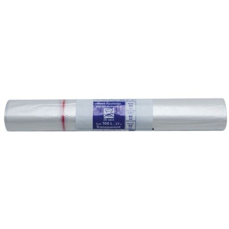 Sac poubelle transparent 100L – Lot de 25 sacs – Épaisseur 27 microns – Soudure étoile pour déchets légers – Contrôle rapide du contenu – Publi Embal