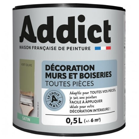 Peinture acrylique satin 0.5 litre vert olive – Pouvoir garnissant élevé – Application facile – Pour supports variés – Addict