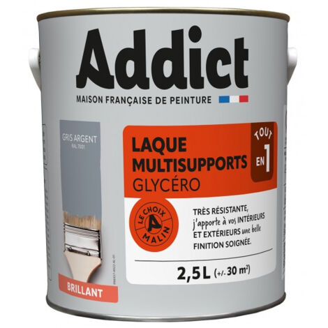 Peinture laque glycéro brillante 2.5L gris minéral – Finition décorative et protectrice – Résistance aux intempéries et lessivage – Addict