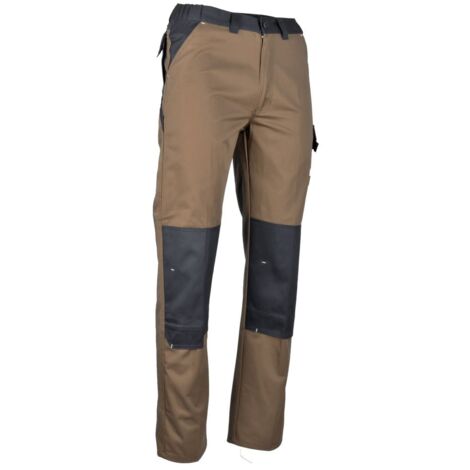 Pantalon de travail bicolore châtaigne/gris – Poches genouillères – Ceinture élastiquée – Résistant 280g/m² pour chantiers humides – Lebeurre (1/2)