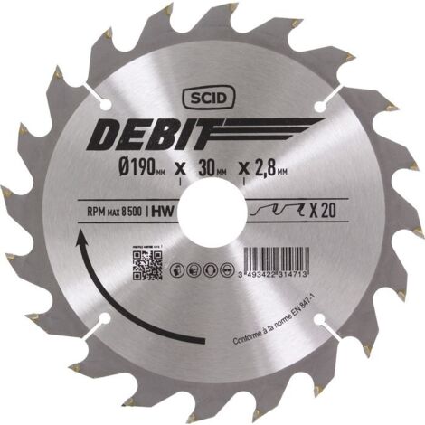 Lame au carbure pour scie circulaire SCID - Epaisseur 2,8 mm - 20 dents - Diamètre 190 mm - Alésage 30 mm