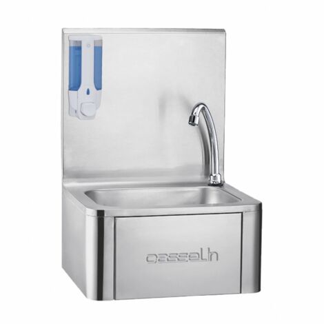 Lave-mains à commande fémorale – Acier inoxydable AISI 304 – Dosseret avec cuve emboutie – Mitigeur réglable avec robinet anti-retour – Casselin (1/3)