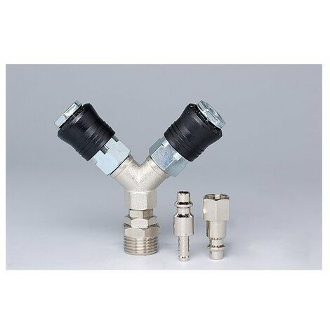 Prodif – Raccord rapide double sortie pour compresseur – Inserts 1/4' F et tuyau Ø 6mm – Réductions 1/4' - 3/8' - 1/2'