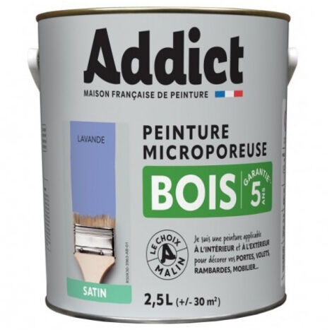 Peinture glycéro satinée 2.5 Litres lavande – Protection microporeuse pour bois dur et résineux – Application intérieure et extérieure – Addict