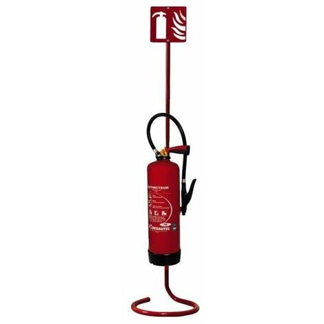 Mottez – Support extincteur sur pied – Tube 25 mm – Base ronde pour stabilité – Panneau de signalisation inclus – Livré avec 2 crochets (1/3)