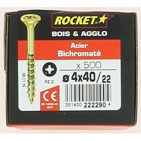 Rocket – Vis à bois anti-fendage 4x40mm – Acier bichromaté lubrifié – Empreinte étoile TX20 – Boîte de 500 pièces