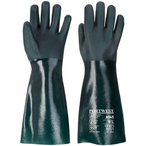 Portwest – Gants de protection chimique PVC 45 cm – Double trempage vert – Finition palmée pour meilleure adhérence – Certifié CE
