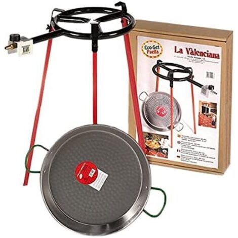Poêle à paella polie 38 cm – Trépied 60 cm – Brûleur à gaz 300 mm – Pour 8 portions – Acier poli – Vaello