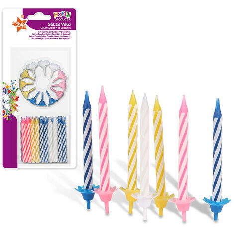 6 Pack De 24 Unites Bougies + 12 Supports Plusieurs Couleurs Best Products Party (1/3)